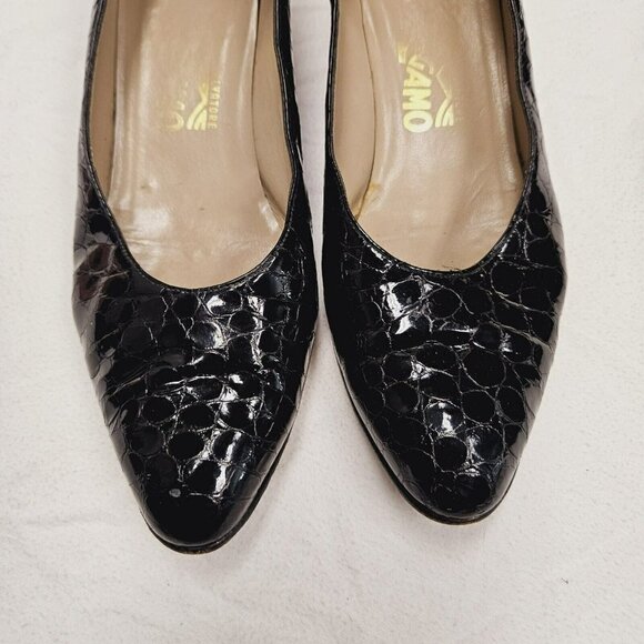 Salvatore Ferragamo 80s Vintage Sz 8 B Black  Embossed Leather Pumps Minor Flaws - Picture 3 of 16